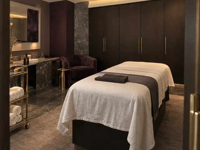 Koyu ahşap dolaplı odada hazırlanmış masaj masası — Güneşli, Masaj Salonun